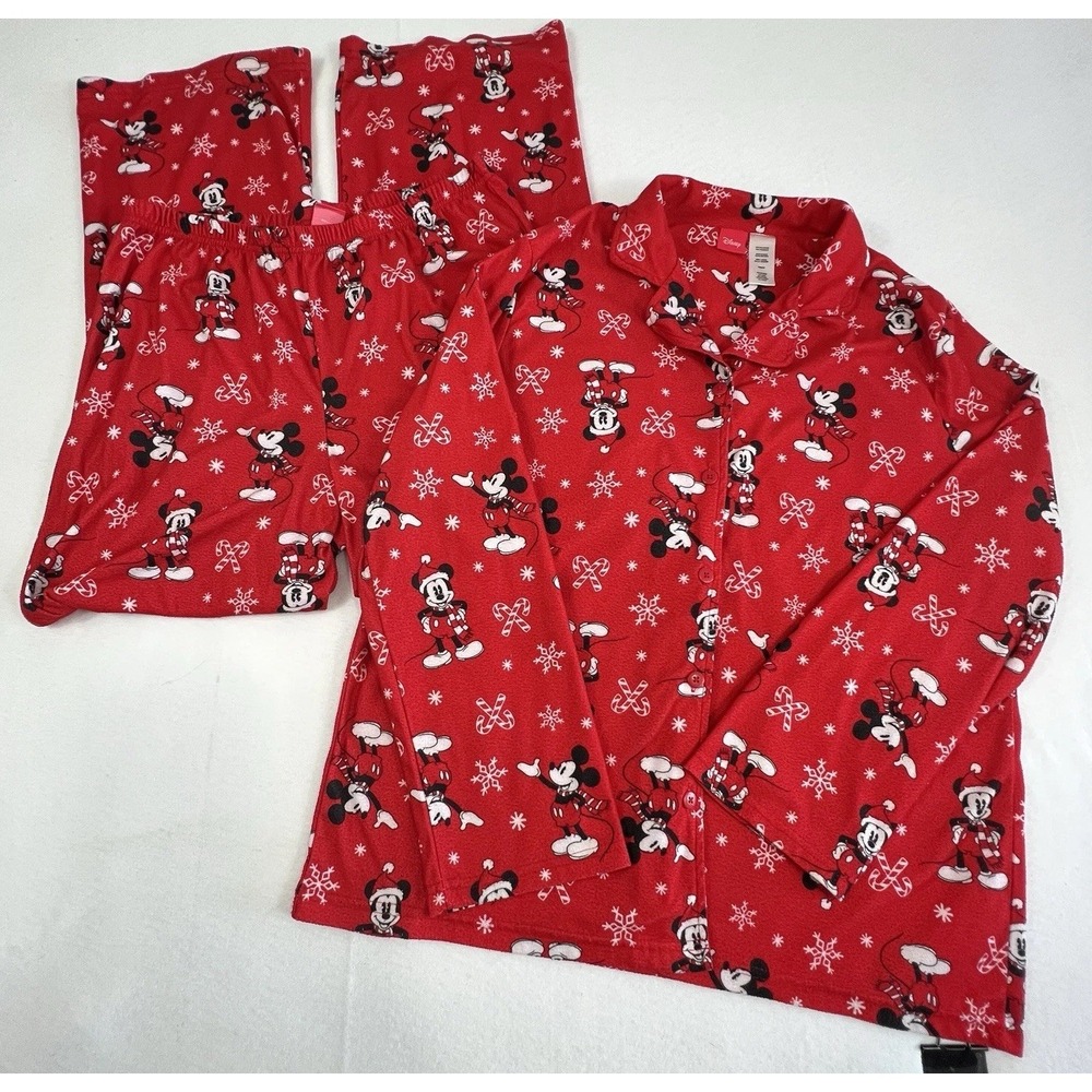 Disney Mickey Mouse Christmas Pajama Set Womens L Red Fleece Holiday PJs